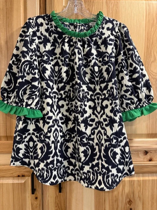 Voy Coastal Navy White Green Patterned Top with Ruffle Trim Short Sleeves Sz M - Picture 2 of 8
